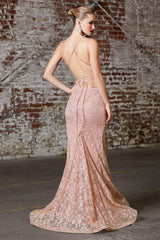 Cinderella Divine J9486 Long Formal Fitted Glitter Lace Prom Dress