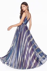 Cinderella Divine KC895 Prom Long Formal Pleated Metallic Print Dress