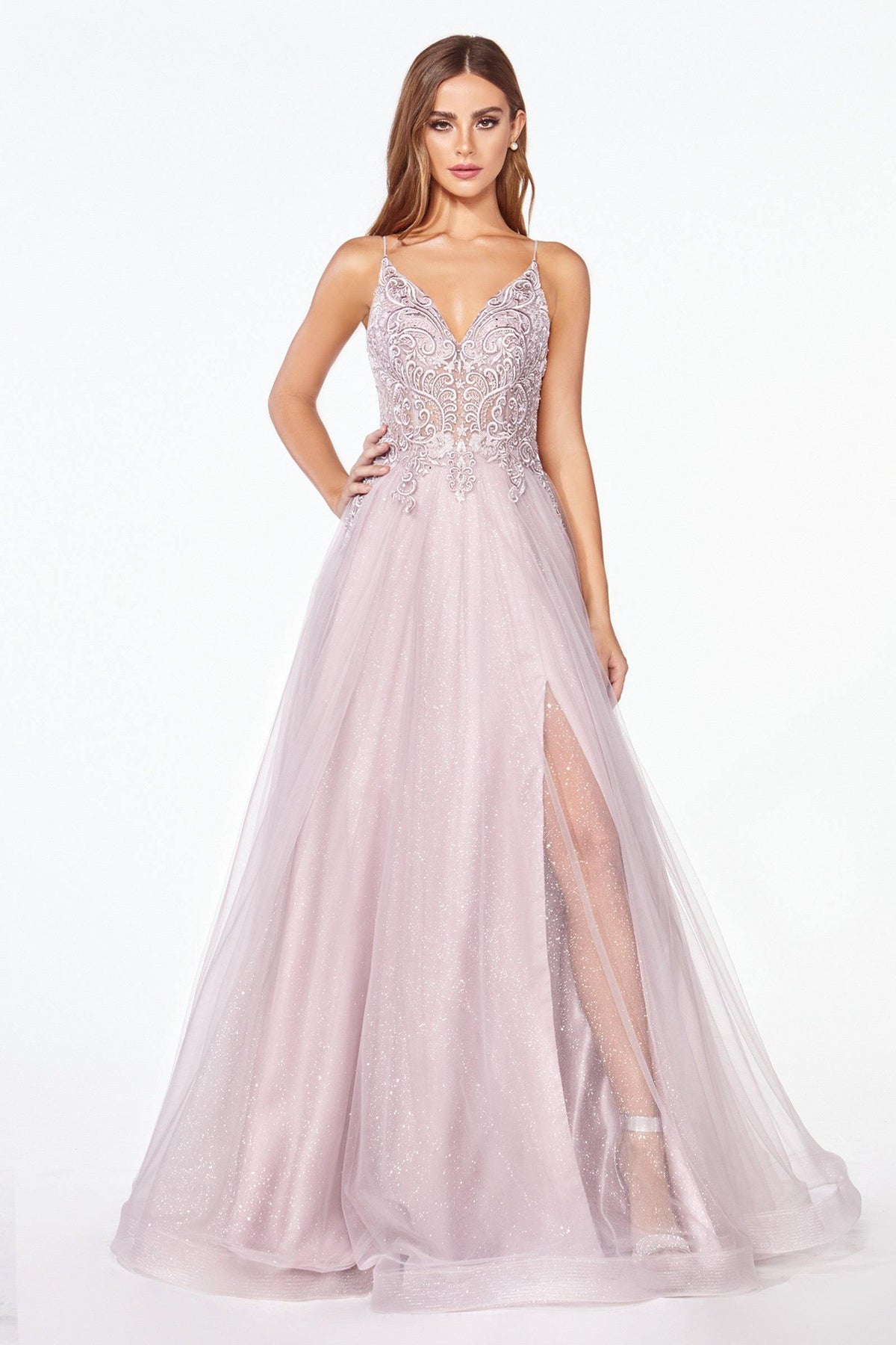 Cinderella Divine KC897 Long Prom Glitter Spaghetti Strap Formal Dress