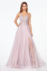 Cinderella Divine KC897 Long Prom Glitter Spaghetti Strap Formal Dress