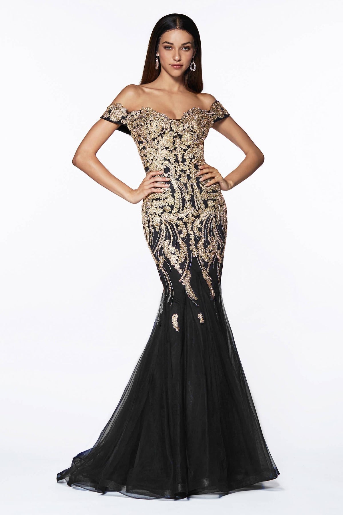 Cinderella Divine KV1035 Long Off The Shoulder Evening Gown Mermaid Prom Dress