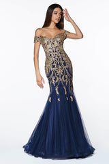 Cinderella Divine KV1035 Long Off The Shoulder Evening Gown Mermaid Prom Dress