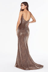 Cinderella Divine S347 Long Formal Spaghetti Strap Leopard Print Prom Gown