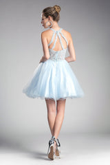 Cinderella Divine UJ0119 Short Prom Halter Lace Bodice Dress