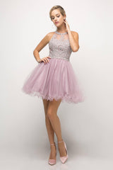 Cinderella Divine UJ0119 Short Prom Halter Lace Bodice Dress