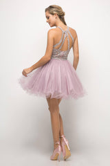 Cinderella Divine UJ0119 Short Prom Halter Lace Bodice Dress