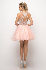 Cinderella Divine UJ0119 Short Prom Halter Lace Bodice Dress