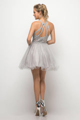 Cinderella Divine UJ0119 Short Prom Halter Lace Bodice Dress