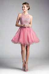 Cinderella Divine UJ0119 Short Prom Halter Lace Bodice Dress