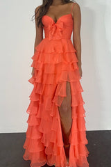 Cinizia | Chiffon Fuchsia Sweetheart Tiered Ruffles Prom Dress with Slit