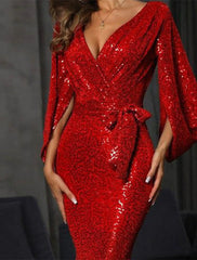 Women's Cocktail Party Dress New Year's Eve Dress Homecoming Dress Wedding Guest Dress Sequin Dress Long Dress Maxi Dress Red Long Sleeve Lace up