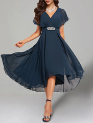 A-Line Wedding Guest Dresses Elegant Dress Cocktail Party Church Tea Length Short Sleeve V Neck Belt / Sash Chiffon with Crystals 2025