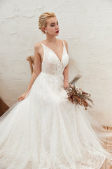 Classy A-Line Deep V-neck Floor-length Open Back Wedding Dress with Lace Tulle