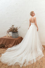 Classy A-Line Deep V-neck Floor-length Open Back Wedding Dress with Lace Tulle