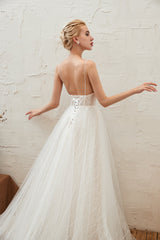 Classy A-Line Deep V-neck Floor-length Open Back Wedding Dress with Lace Tulle
