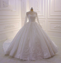 Classy Long A-Line A-Line High Neck Appliques Lace Pearl-pailletten Ruches trouwjurk met mouwen
