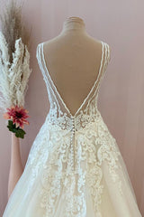 Stijlvolle lange a-line sweetheart appliques kant tule backless trouwjurk