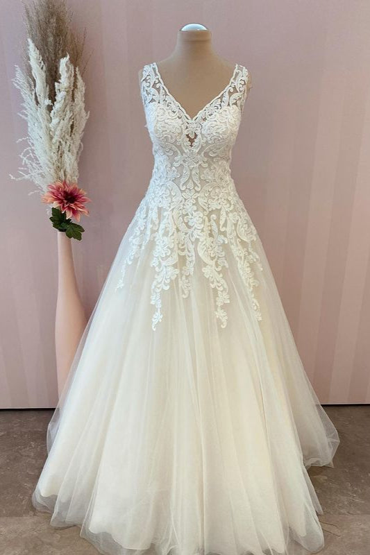 Stijlvolle lange a-line sweetheart appliques kant tule backless trouwjurk