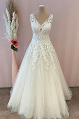 Stijlvolle lange a-line sweetheart appliques kant tule backless trouwjurk