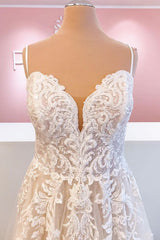 Classy Long A-Line A-Line Tule Spaghetti Brapt Appliques kant Backless trouwjurk