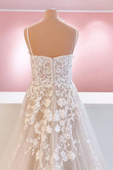 Classy Long A-Line A-Line Tule Spaghetti Brapt Appliques kant Backless trouwjurk