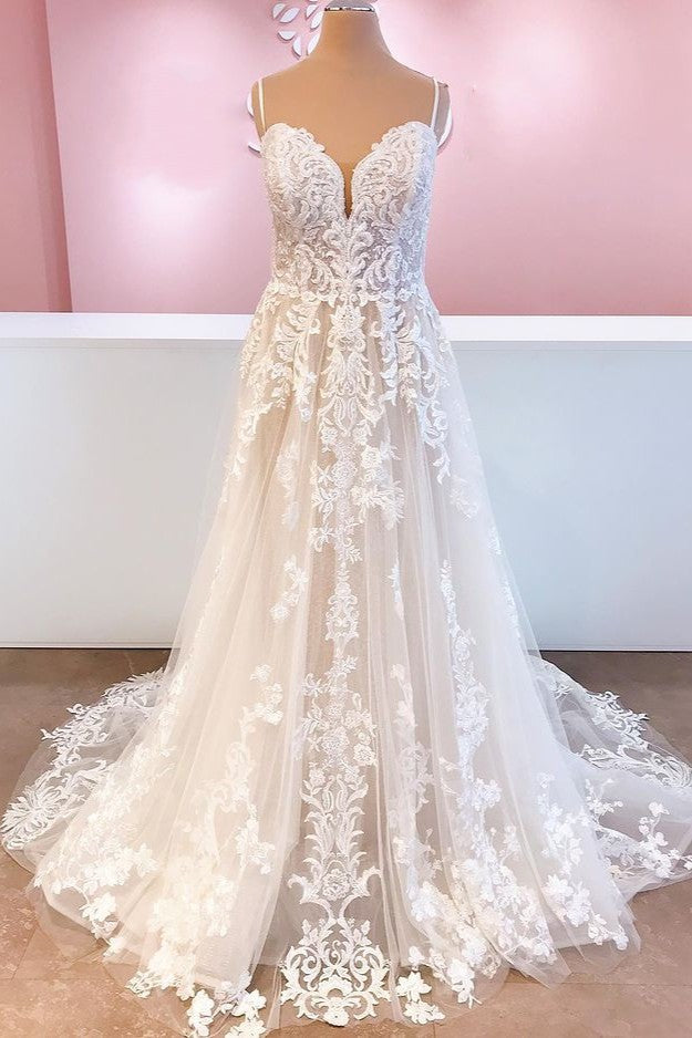 Classy Long A-Line A-Line Tule Spaghetti Brapt Appliques kant Backless trouwjurk