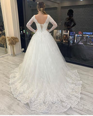 Classy Long Sleeve V-neck A-Line Wedding Dress With Backless Tulle and Appliques Lace