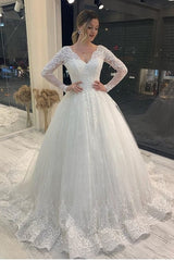 Classy Long Sleeve V-neck A-Line Wedding Dress With Backless Tulle and Appliques Lace