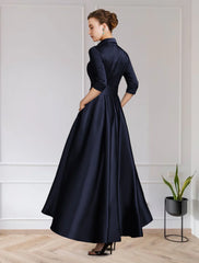 Aimishang  A-Line Mother of the Bride Dress Wedding Guest Elegant High Low Jewel Neck Asymmetrical Satin Short Sleeve with Pleats Appliques