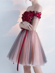A-Line Cocktail Dresses Party Dress Valentine's Day Homecoming Short / Mini Short Sleeve Off Shoulder Pink Dress Tulle with Bow(s) Appliques
