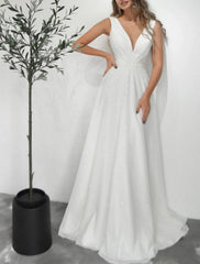 A-Line Prom Dresses Glittering Dress Wedding Party Birthday Sweep / Brush Train Sleeveless V Neck Fall Wedding Reception Tulle with Sequin