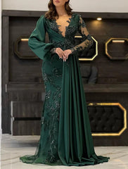 Mermaid / Trumpet Evening Gown Elegant Dress Formal Wedding Guest Floor Length Long Sleeve V Neck Fall Wedding Guest Lace with Appliques Pure Color