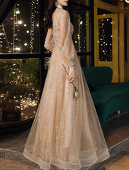 A-Line Prom Dresses Cute Dress Wedding Guest Party Wear Floor Length Long Sleeve Jewel Neck Tulle with Sequin Appliques