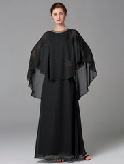 A-Line Mother of the Bride Dress Wedding Guest Elegant Cape Dress Plus Size Jewel Neck Floor Length Chiffon Sleeveless with Beading