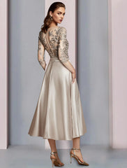 Aimishang  A-Line Mother of the Bride Dress Wedding Guest Elegant V Neck Tea Length Satin Lace Half Sleeve with Pleats Appliques