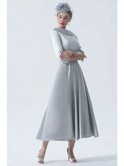 A-Line Mother of the Bride Dress Wedding Guest Vintage Plus Size Elegant Bateau Neck Tea Length Satin 3/4 Length Sleeve with Beading