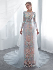 Colored Wedding Dresses Baby Blue Lace Long Sleeve Bridal Dress With Train