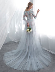 Colored Wedding Dresses Baby Blue Lace Long Sleeve Bridal Dress With Train