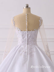 A Line Lace Applique Satin Wedding Dresses Long Sleeves with Button