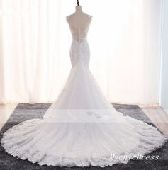 White Long Mermaid Lace Crystals Vintage Wedding Dresses