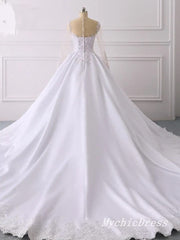 A Line Lace Applique Satin Wedding Dresses Long Sleeves with Button