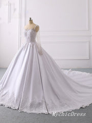 A Line Lace Applique Satin Wedding Dresses Long Sleeves with Button
