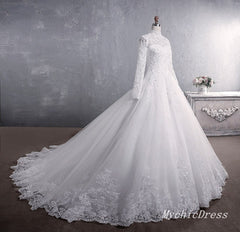 A Line Lace Applique Long Sleeves High Neck Muslim Wedding Dresses