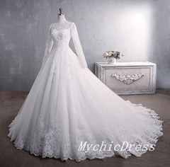 A Line Lace Applique Long Sleeves High Neck Muslim Wedding Dresses