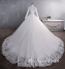 A Line Lace Applique Long Sleeves High Neck Muslim Wedding Dresses