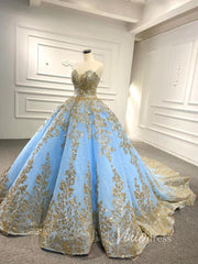 Convertible Blue Ball Gown Wedding Dress Removable Train Quinceanera Dresses 66949