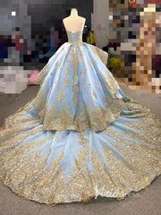 Convertible Blue Ball Gown Wedding Dress Removable Train Quinceanera Dresses 66949