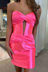 Red Keyhole Corset Fitted Ruched Homecoming Dress