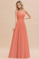 Modest Floral Lace A-line Bridesmaid Dress V-Neck Ruched Chiffon Wedding Guest Dress