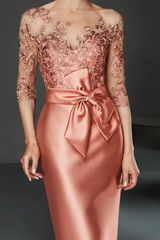 Bateau 3/4 Long Sleeves Satin Mother of the Bride Dresses with Lace